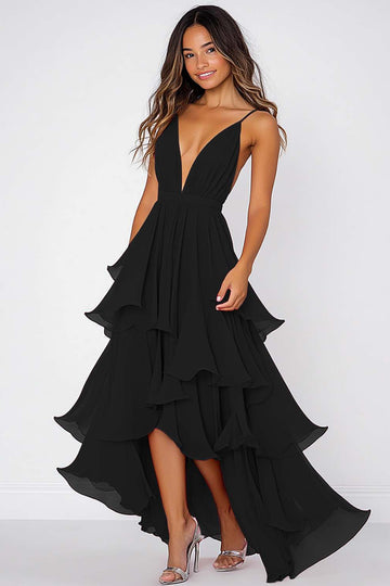Ruffled Tiered Black Chiffon Spaghetti Straps Formal Dress
